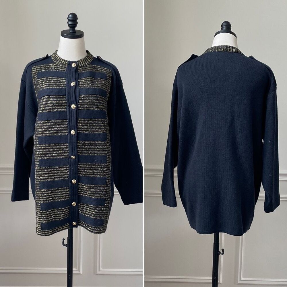 Barra of Italy Wool Blend Navy Blue Metallic Gold Military Style Button Cardigan